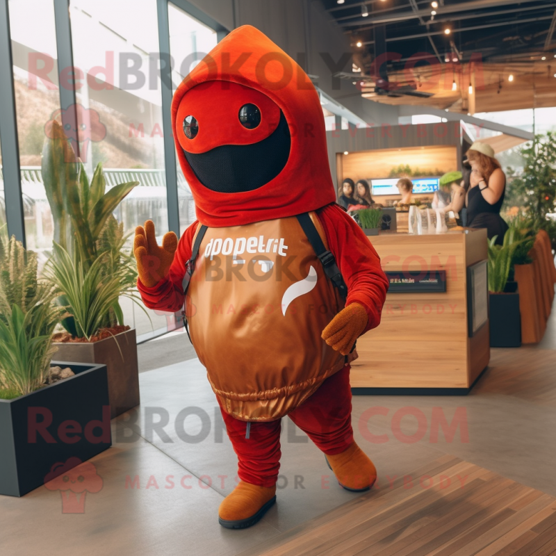 Rust Pepper mascot costume character dressed with a Hoodie and Backpacks