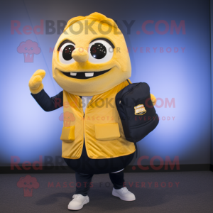 Gold Scented Candle mascot costume character dressed with a Suit Jacket and Backpacks