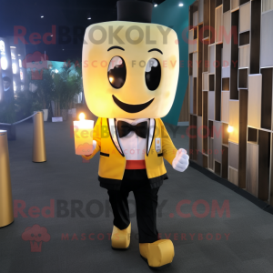 Gold Scented Candle mascot costume character dressed with a Suit Jacket and Backpacks