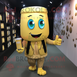 Gold Scented Candle mascot costume character dressed with a Suit Jacket and Backpacks