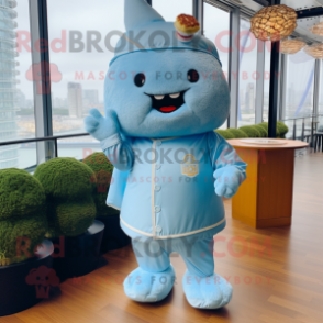 Sky Blue Dim Sum mascot costume character dressed with a Playsuit and Lapel pins