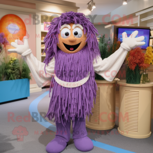 Lavender Spaghetti mascot costume character dressed with a Henley Shirt and Keychains