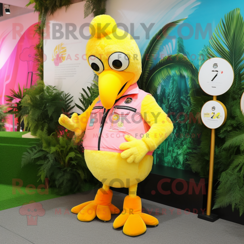 Yellow Flamingo mascot costume character dressed with a Vest and Keychains