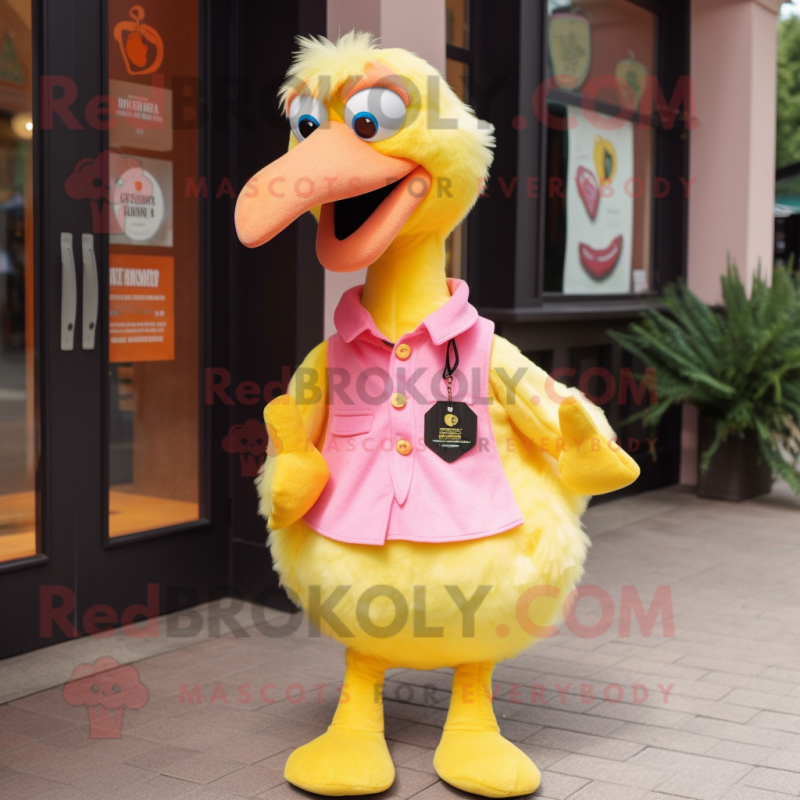 Yellow Flamingo mascot costume character dressed with a Vest and Keychains