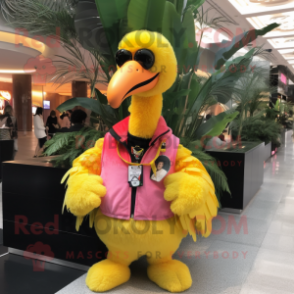 Yellow Flamingo mascot costume character dressed with a Vest and Keychains