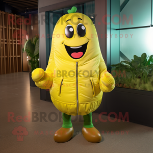 Yellow Cucumber mascot costume character dressed with a Leather Jacket and Lapel pins