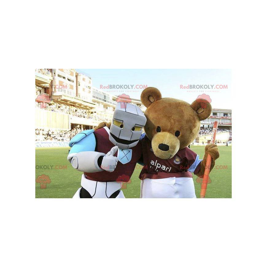 Brown bear mascot in white and blue sportswear - Sizes L (175-180CM)