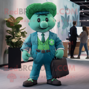 Cyan Bunch Of Shamrocks mascot costume character dressed with a Button-Up Shirt and Briefcases