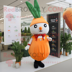 Peach Carrot mascot costume character dressed with a Skirt and Keychains