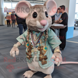 Tan Rat mascot costume character dressed with a T-Shirt and Necklaces