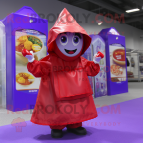 Lavender Bottle Of Ketchup mascot costume character dressed with a Raincoat and Backpacks