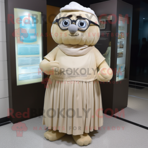 Beige Ice mascot costume character dressed with a Empire Waist Dress and Reading glasses