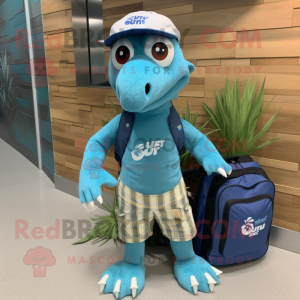 Cyan Utahraptor mascot costume character dressed with a Board Shorts and Tote bags