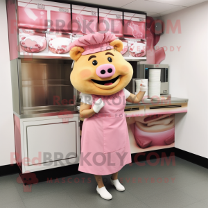 Pink Pulled Pork Sandwich mascot costume character dressed with a A-Line Skirt and Berets