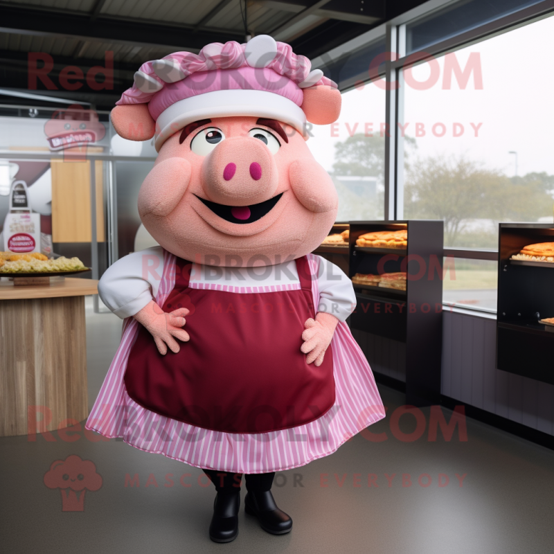 Pink Pulled Pork Sandwich mascot costume character dressed with a A-Line Skirt and Berets