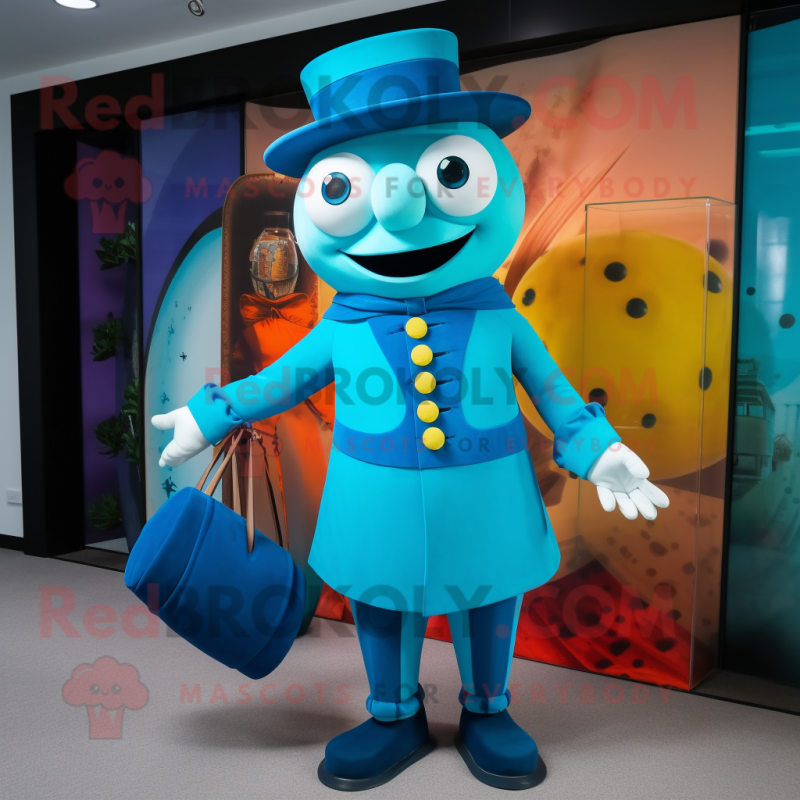 Cyan Ring Master mascot costume character dressed with a Turtleneck and Clutch bags