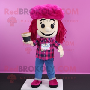 Magenta Pop Corn mascot costume character dressed with a Flannel Shirt and Hair clips