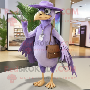 Lavender Archeopteryx mascot costume character dressed with a Pencil Skirt and Suspenders