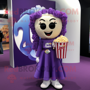 Purple Pop Corn mascot costume character dressed with a A-Line Dress and Backpacks