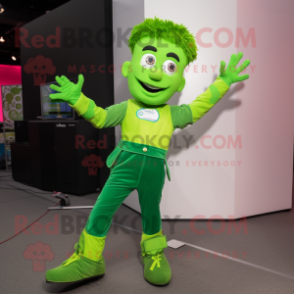 Lime Green Irish Dancer mascot costume character dressed with a Jeans and Gloves