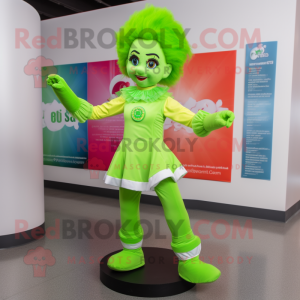 Lime Green Irish Dancer mascot costume character dressed with a Jeans and Gloves