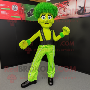 Lime Green Irish Dancer mascot costume character dressed with a Jeans and Gloves