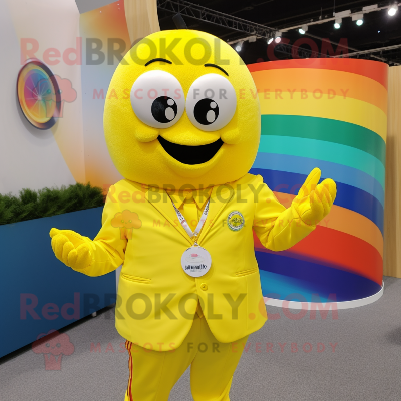 Lemon Yellow Rainbow mascot costume character dressed with a Jacket and Cufflinks