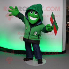 Green Knife Thrower mascot costume character dressed with a Jacket and Wallets