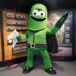 Green Knife Thrower mascot costume character dressed with a Jacket and Wallets