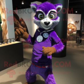 Purple Lemur mascot costume character dressed with a Henley Tee and Bracelet watches