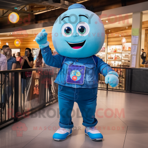 Cyan Rainbow mascot costume character dressed with a Denim Shirt and Smartwatches