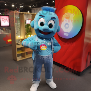 Cyan Rainbow mascot costume character dressed with a Denim Shirt and Smartwatches