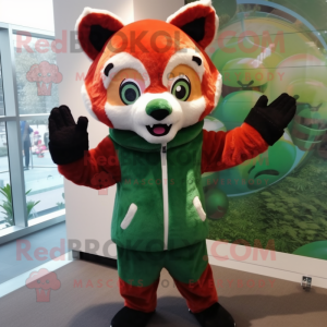 Forest Green Red Panda mascot costume character dressed with a Sweater and Mittens