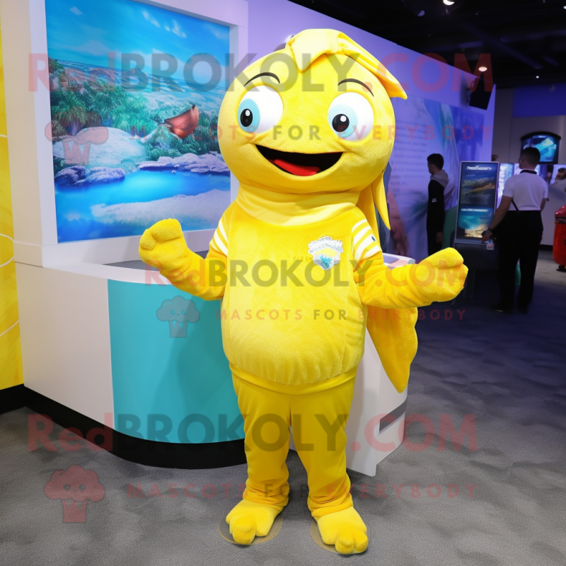 Yellow Mermaid mascot costume character dressed with a Sweatshirt and Foot pads