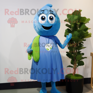 Blue Zucchini mascot costume character dressed with a Mini Dress and Lapel pins