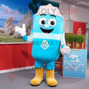 Sky Blue French Fries mascot costume character dressed with a Polo Shirt and Watches