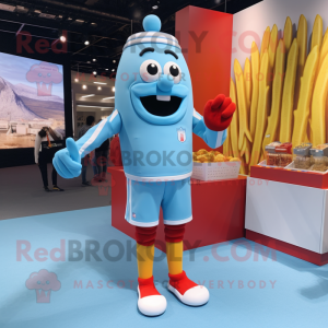 Sky Blue French Fries mascot costume character dressed with a Polo Shirt and Watches
