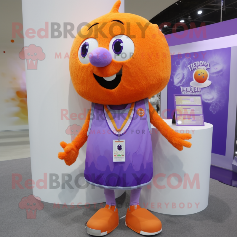 Lavender Orange mascot costume character dressed with a Tank Top and Lapel pins