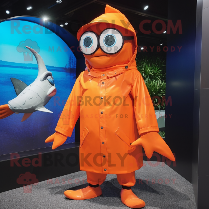 Orange Swordfish mascot costume character dressed with a Raincoat and Eyeglasses