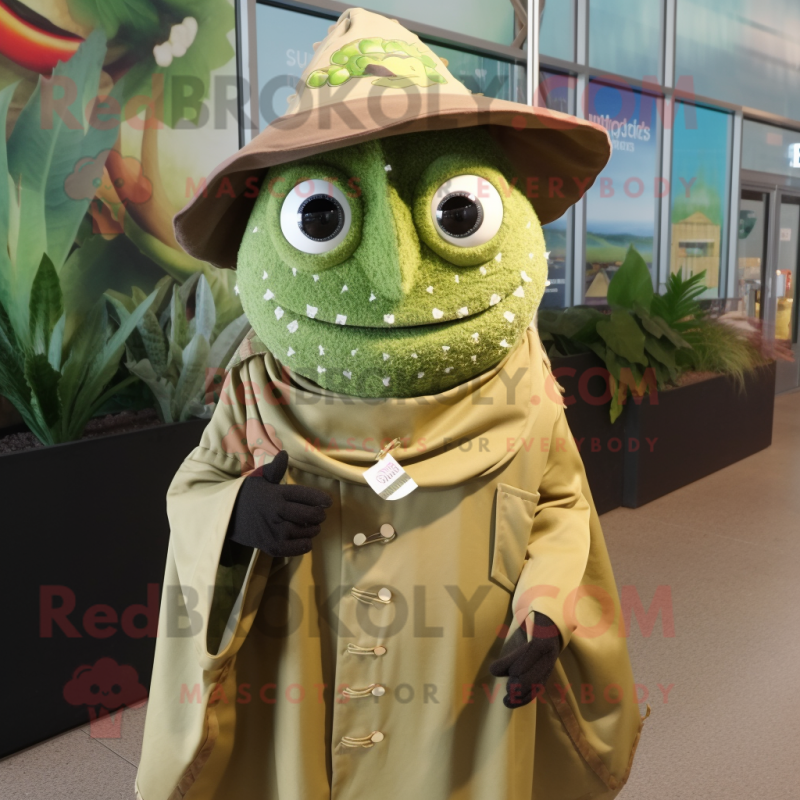 Olive Fish Tacos mascot costume character dressed with a Raincoat and Scarf clips