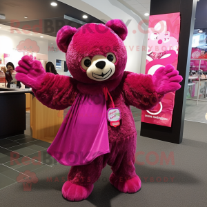 Magenta Teddy Bear mascot costume character dressed with a Long Sleeve Tee and Shawls