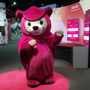 Magenta Teddy Bear mascot costume character dressed with a Long Sleeve Tee and Shawls