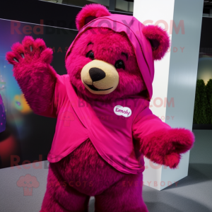 Magenta Teddy Bear mascot costume character dressed with a Long Sleeve Tee and Shawls