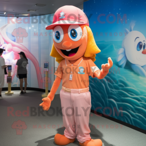 Peach Mermaid mascot costume character dressed with a Polo Shirt and Caps