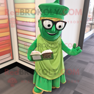 Green Tikka Masala mascot costume character dressed with a Dress and Reading glasses
