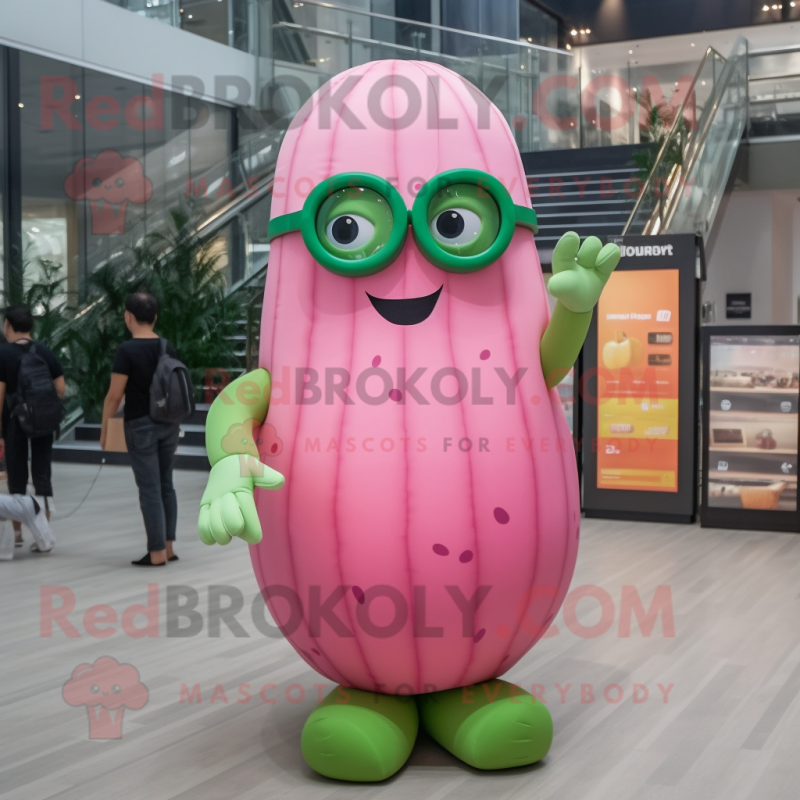 Pink Cucumber mascot costume character dressed with a Midi Dress and Eyeglasses