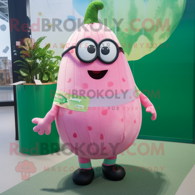 Pink Cucumber mascot costume character dressed with a Midi Dress and Eyeglasses