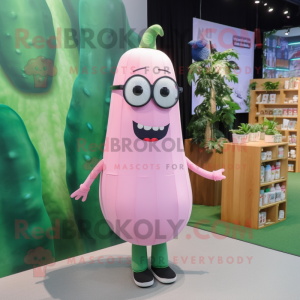 Pink Cucumber mascot costume character dressed with a Midi Dress and Eyeglasses