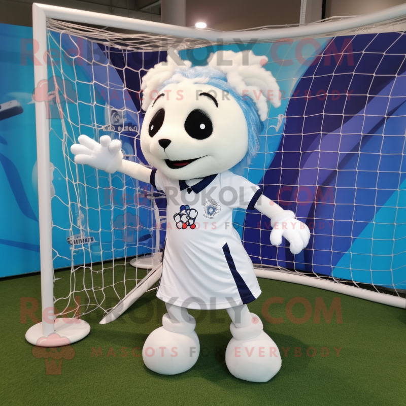 White Soccer Goal mascot costume character dressed with a A-Line Skirt and Necklaces