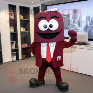 Maroon Moussaka mascot costume character dressed with a Suit Pants and Pocket squares